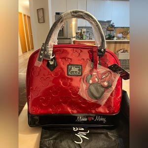Disney Loungefly Minnie & Mickey Embossed Purse with Charm, Dust bag